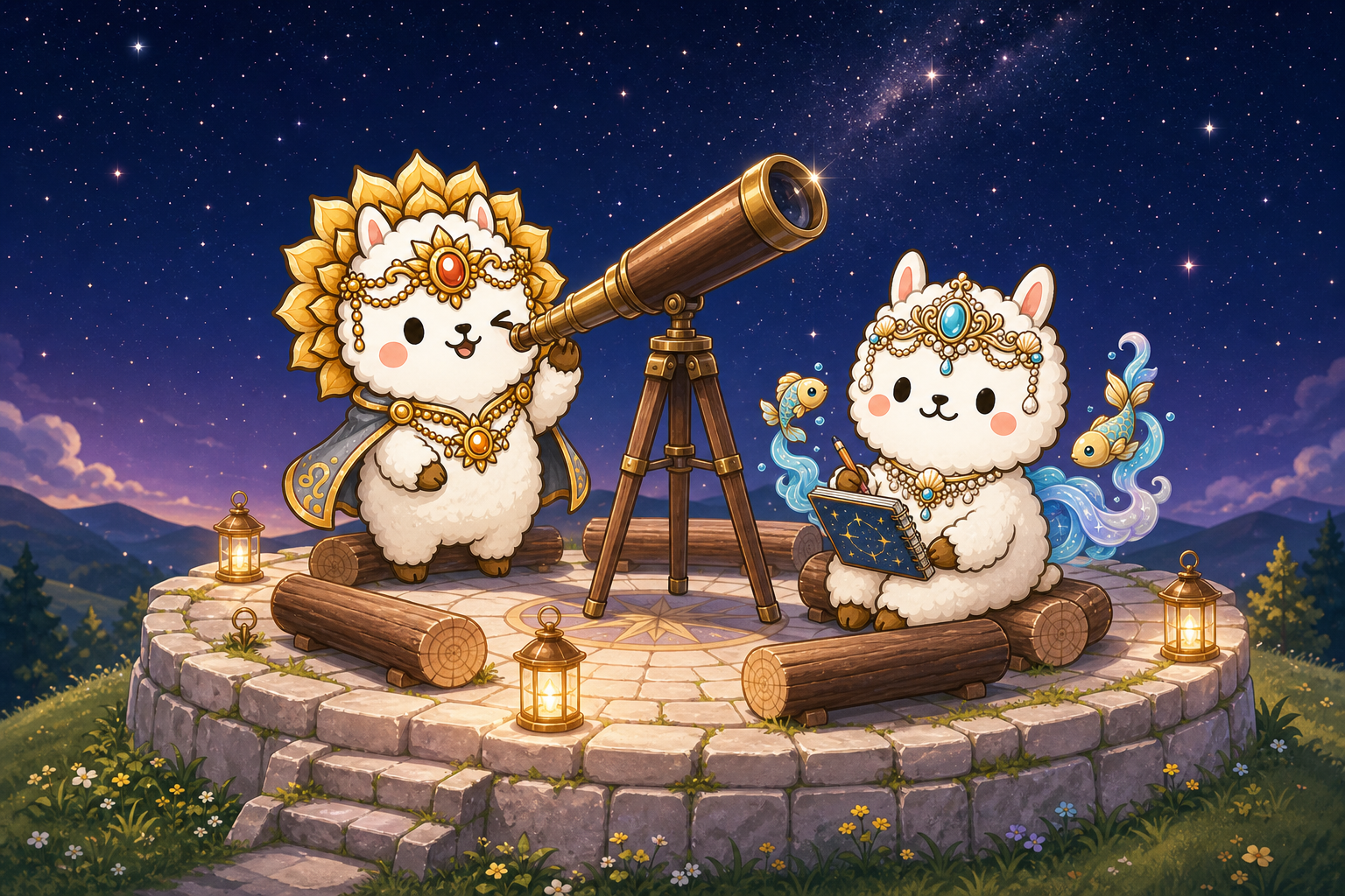 夜の星見台で望遠鏡をのぞくレオと、星をスケッチするピシェ