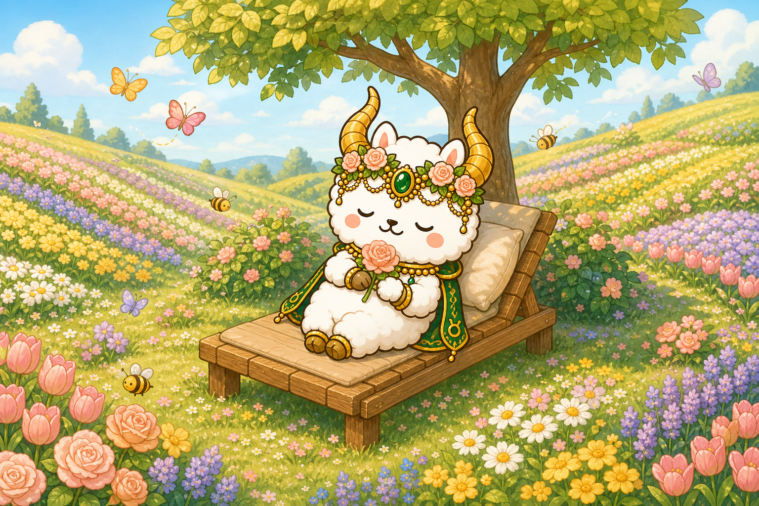 花畑のひるねベンチでうたたねするタウ